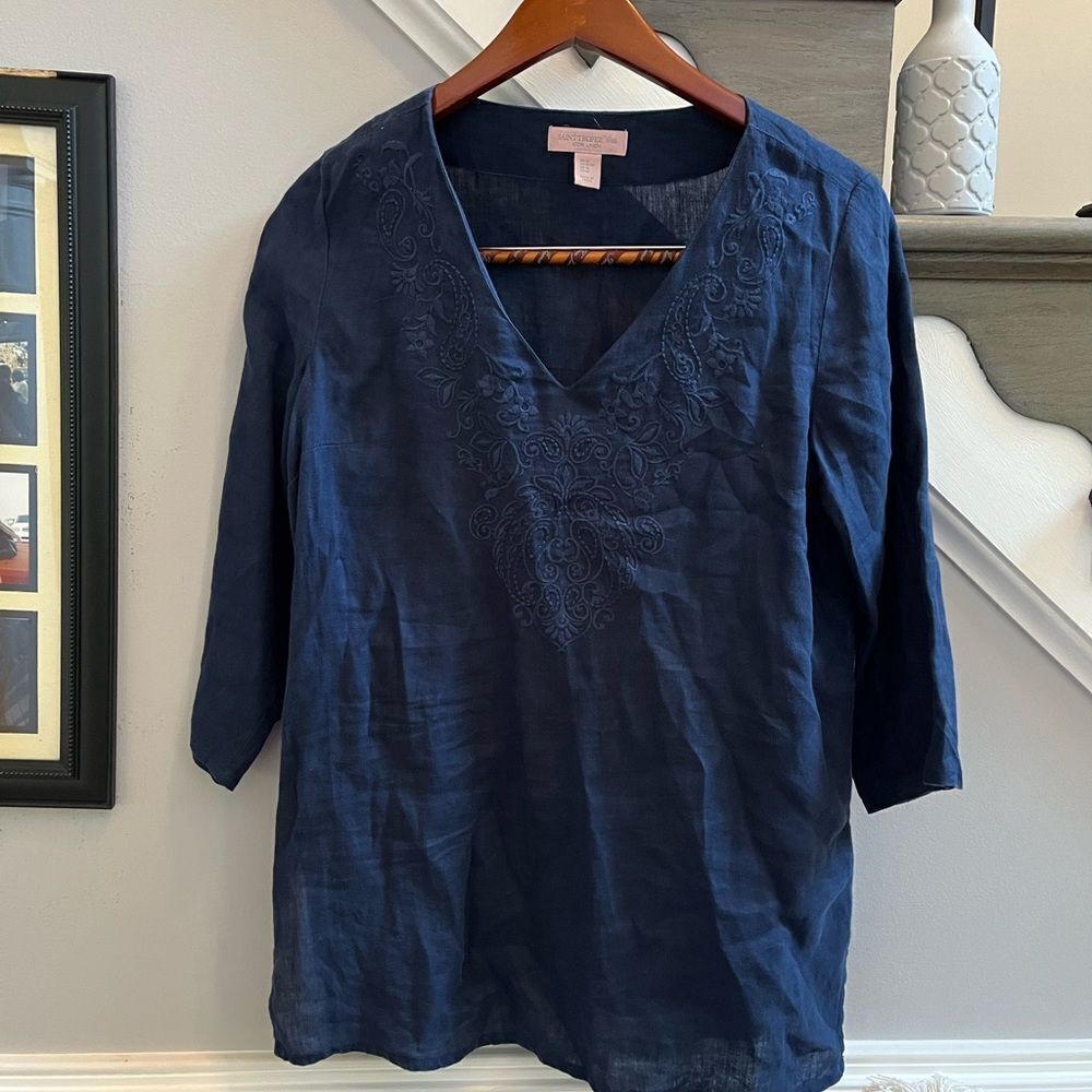 Saint Tropez West Navy Embroidered Linen Tunic Top sz M